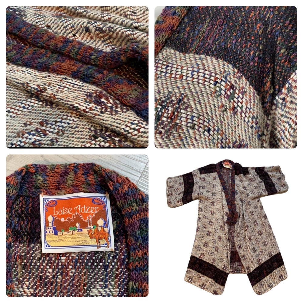 Vintage 1980s Laise Adzer Ikat Knit Heavy 3/4 Sleeves Kimono Duster Jacket OS - Picture 3 of 4